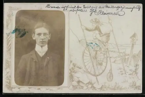 Foto-AK Junger Mann im Passepartout mit Fahrradfahrer in den Bergen