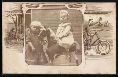 Foto-AK Zwei Kinder mit einem Spielzeugpferd, Jugendstil-Passepartout mit Fahrradfahrer