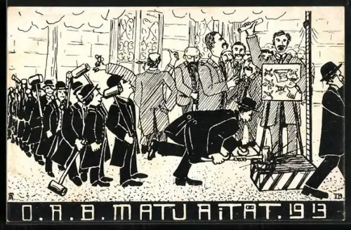 Künstler-AK O. A. B. Maturitat 1913, Studenten mit Hau-den-Lukas