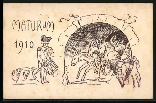 Künstler-AK Maturum 1910, Esel in einem Tunnel, Absolvia