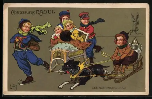 Künstler-AK Reklame für Chaussures Raoul, Kinder beim Schlittenfahren