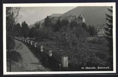 AK Oberwölz, Strassenpartie mit Burgblick