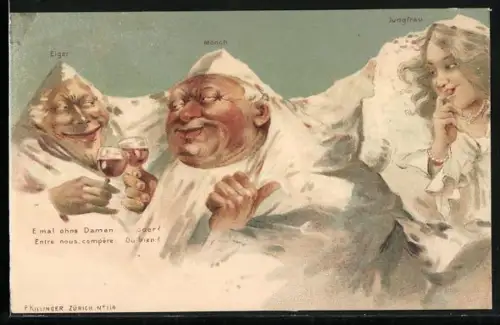 Lithographie Killinger Nr. 114, Eiger, Mönch und Jungfrau mit Weingläsern, Berg mit Gesicht, Berggesichter