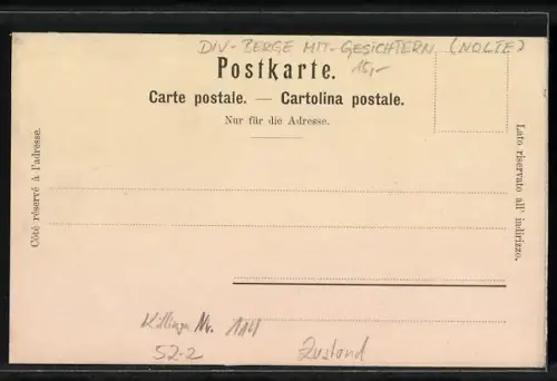 Lithographie Killinger Nr. 114, Eiger, Mönch und Jungfrau mit Weingläsern, Berg mit Gesicht, Berggesichter