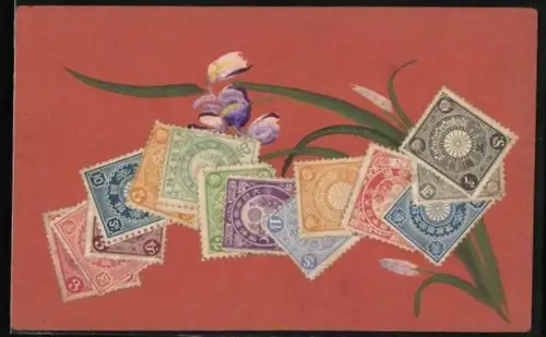 AK Collage aus augeklebten japanischen Briefmarken