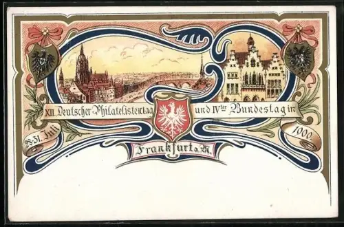 Künstler-AK Frankfurt a. M., XII. Deutscher Philatelistentag und IV. Bundestag 1900.