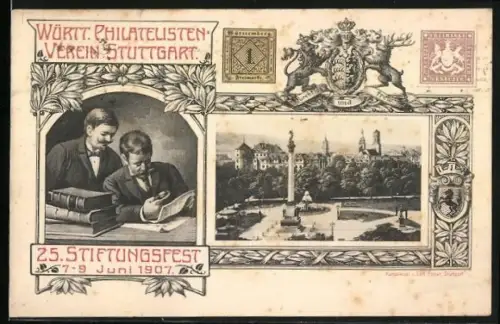 AK Stuttgart, 25. Stiftungsfest Württembergischer Philatelisten-Verein 1907, Sammler mit Album und Lupe
