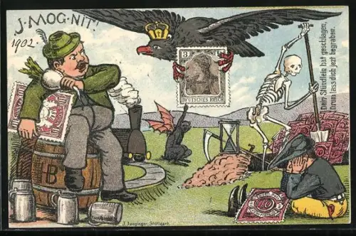 Künstler-AK Einführung der neuen Briefmarken, Der Tod, Dämon, Bayer