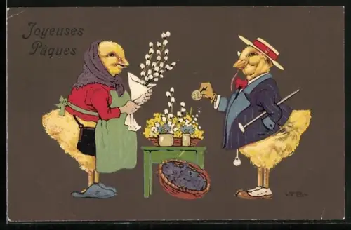 Künstler-AK F.Baumgarten: Vermenschlichte Osterküken mit Hut und Stock & Weidenkätzchen