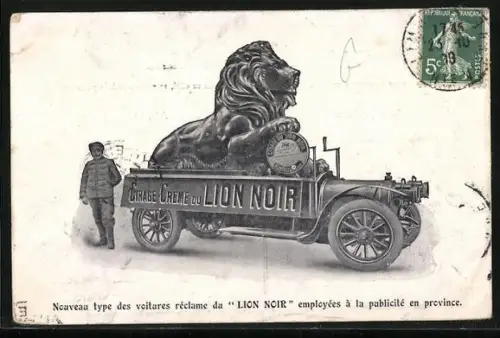 AK Nouveau type des voitures réclame du Lion Noir employées à la publicité en province