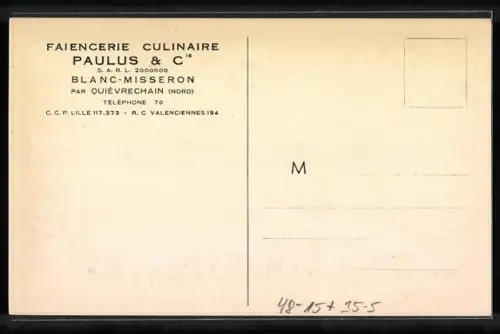 AK Reklame Kochgeschirr von Paulus et Cie Faiences a Feu Durofeu