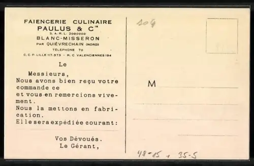 AK Reklame Kochgeschirr von Paulus et Cie Faiences a Feu Durofeu