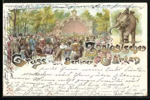 Lithographie Berlin, Restauration von Borgers & Marquardt, Hof-Traiteure, Zoologischer Garten, Elefant