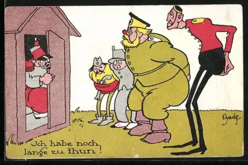 AK Karikatur: italienischer Soldat sitzt auf dem Toilettenhäuschen vor dem Soldaten der Entente dringlichst warten