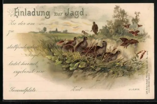 Lithographie Jäger auf Wachteljagd