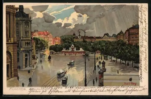 Künstler-Lithographie Paul Hey: München, Maximiliansplatz nach Gewitter