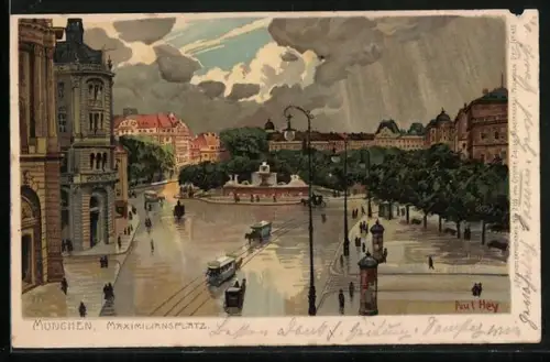 Künstler-Lithographie Paul Hey: München, Maximiliansplatz mit Litfasssäulen und Pferdebahn