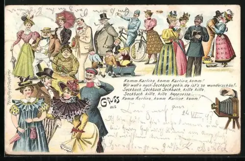 Lithographie Frankfurt-Seckbach, Fotoapparat macht Bilder von Damen u. Herren im Strassenverkehr