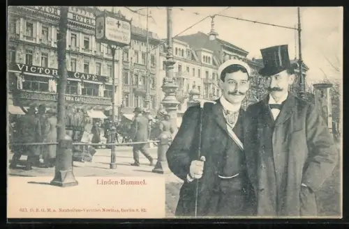 AK Berlin, Unter den Linden, Victoria-Cafe, Student und Herr mit Zylinder