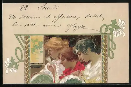 Künstler-AK sign. Tafuri: Drei junge Frauen beim Sticken, Blumenornament, Jugendstil