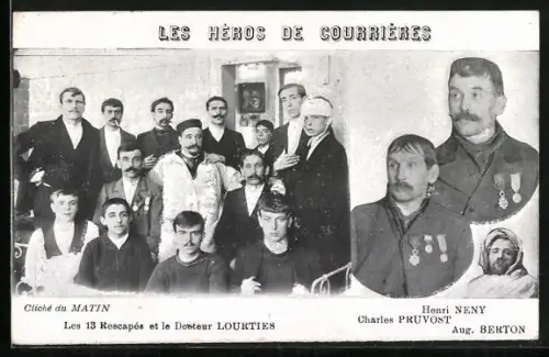 AK Courrieres, Les Heros, Les 13 Rescapes et le Docteur Lourties, Überlebende vom Grubenunglück 1906