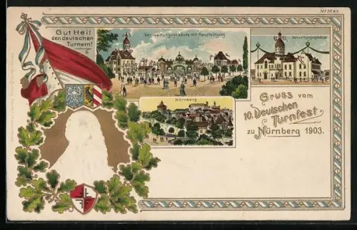 Lithographie Nürnberg, 10. Deutsches Turnfest 1903, Verwaltungsgebäude mit Haupteingang, Turnvater Jahn