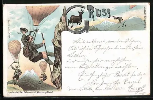 Lithographie Bergsteiger lassen sich Ballonen auf den Gipfel ziehen