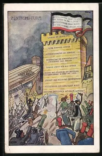 Künstler-AK Arbeiterbewegung, Herannahende Feinde stürmen auf den Zentrums-Turm mit deren Wahlparolen zu, Zeppelin