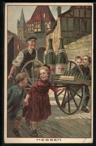 Künstler-AK Reklame Apollinaris Tafelwasser, Hessische Tracht