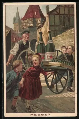 Künstler-AK Reklame Apollinaris Tafelwasser, Hessische Tracht