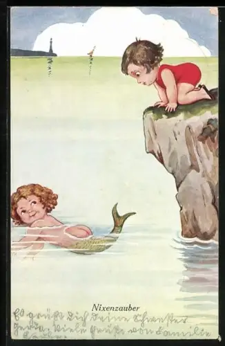 Künstler-AK Mädchen betrachtet eine schwimmende kleine Nixe