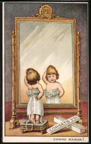 Künstler-AK Kleines Mädchen mit Korsett vor dem Spiegel