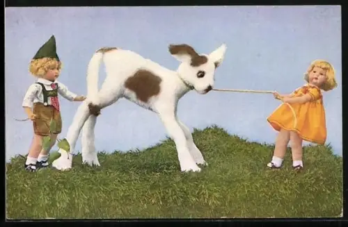 AK Puppen stehen auf der Wiese und ziehen an einem Kälbchen, Gelukkig Nieuwjaar!