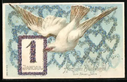 AK weisser Vogel mit Kalenderblatt