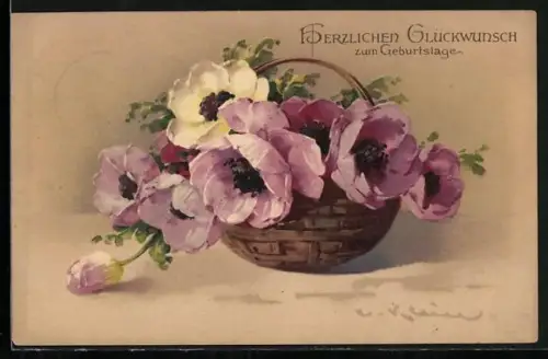 Künstler-AK Catharina Klein: Korb mit violetten und weissen Anemonen