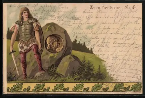 Künstler-AK Alfred Mailick: Ritter mit Schwert und Bismarck-Portrait