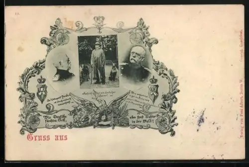 AK Fürst Otto von Bismarck mit seinen Doggen, Porträts in Uniform, Wappen, Adler, Wir Deutsche fürchten Gott