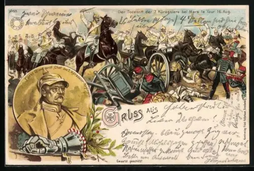 Lithographie Fürst Bismarck mit Pickelhaube, Todesritt der 7. Kürassiere bei Mars la Tour am 16. August