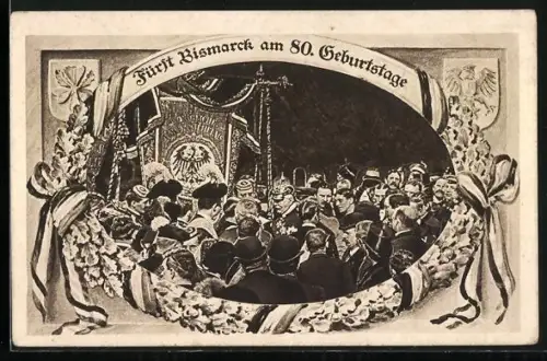 AK Fürst Bismarck wird am 80. Geburtstage von Gratulanten umringt, Wappen