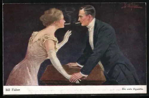 Künstler-AK Bill Fisher: Die erste Zigarette, Paar in Abendkleidung beim Rauchen