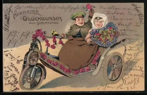 AK Kleines Pärchen mit Blumen im Auto - Neujahrsgruss