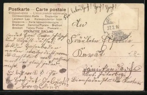 AK Kleines Pärchen mit Blumen im Auto - Neujahrsgruss