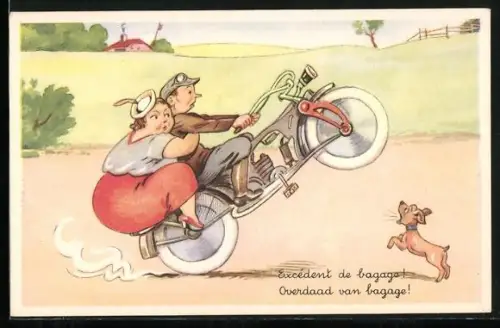 AK Overdaad van bagage!, dicke Dame hinten auf Motorrad