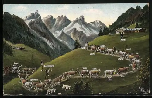 Künstler-AK Eugen Felle: Aufzug auf die Alm, Berg der guten Hoffnung, Trettachspitze