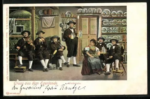 AK Männer in Tracht der Sudeten in der Wirtsstube, Gruss aus dem Egerlande