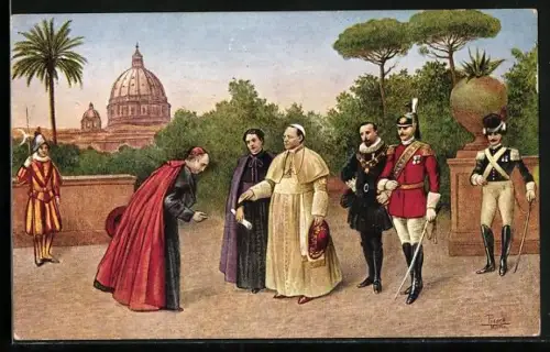 AK Papst Pius XI. empfängt einen Kardinal in den vatikanischen Gärten, Schweizer Gardist mit Hellebarde