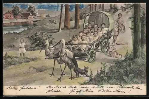 AK Storchenwagen mit süsses Babies auf dem Waldweg