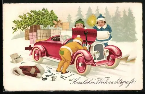 Künstler-AK Kinder versuchen ihr Auto zu reparieren, Herzlichen Weihnachtsgruss