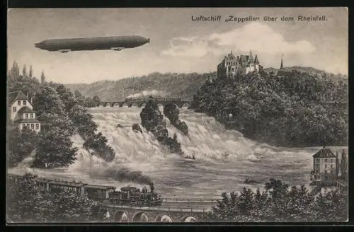 AK Schaffhausen, Luftschiff Zeppelin über dem Rheinfall