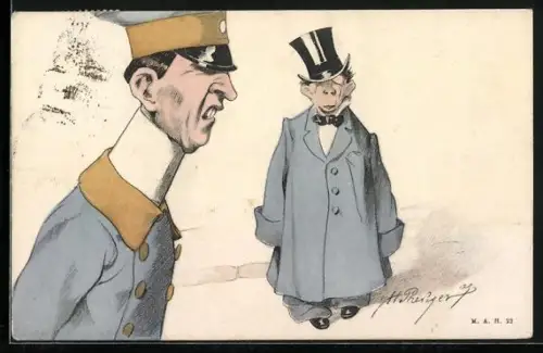 Künstler-AK Soldat in Uniform blickt zu einem Mann mit übergrossem Mantel